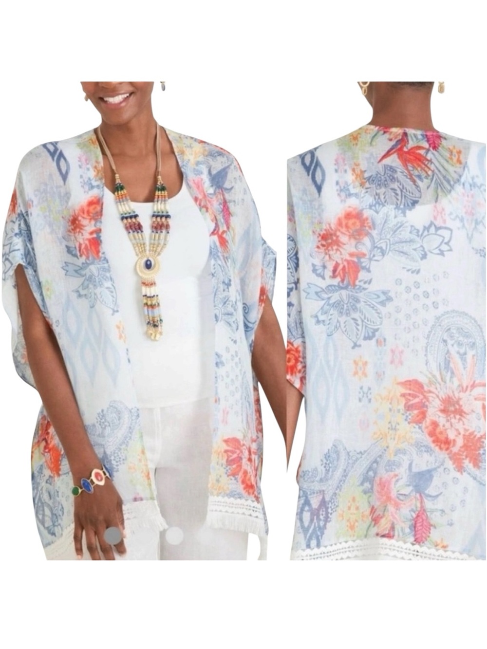 Chico's Ikat Floral Ruana  100% linen blue & red floral patterns, fringe hem NWT